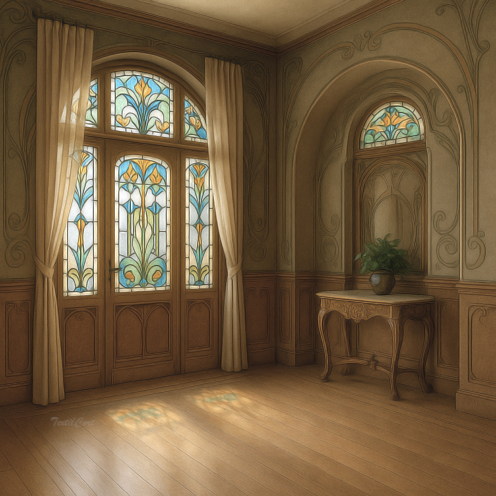 Entrada Art Nouveau con vitrales y cortinas ligeras
