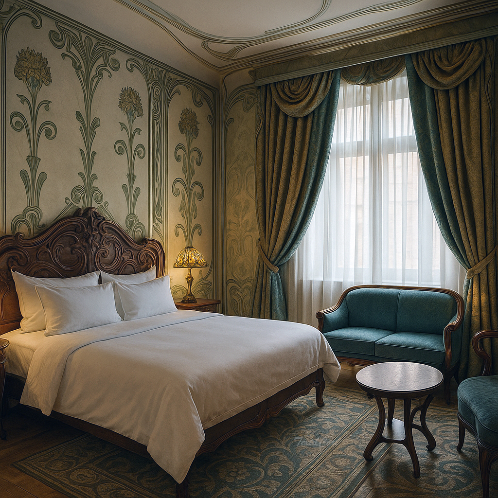 Dormitorio Art Nouveau con cortinas verdes y detalles florales