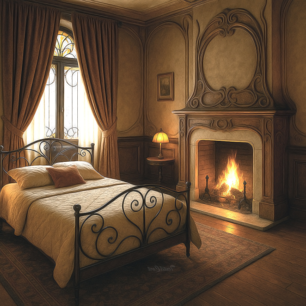 Dormitorio con chimenea y cortinas clásicas de gran caída