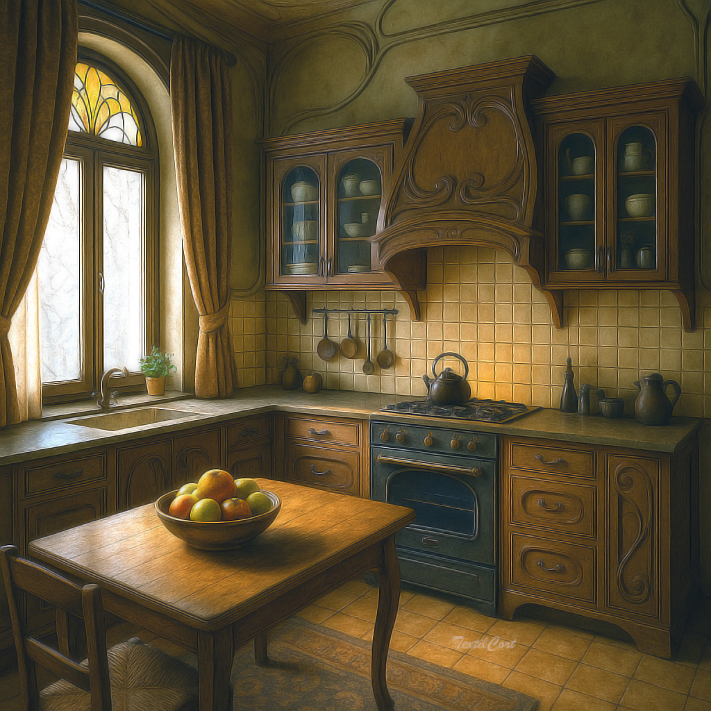 Cocina Art Nouveau con cortinas tradicionales