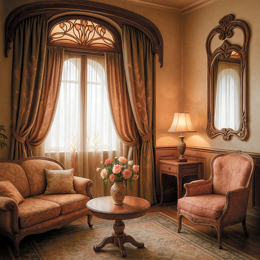 Ambiente cálido con cortinas Art Nouveau en tonos tierra
