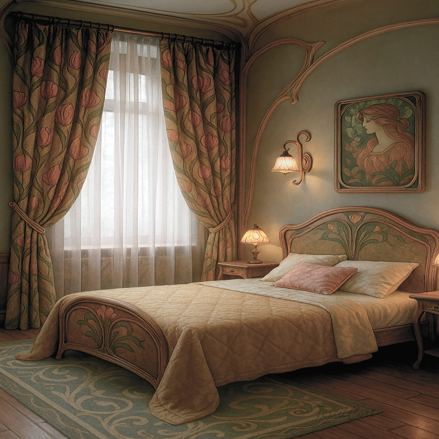 Dormitorio Art Nouveau con cortinas y mobiliario orgánico