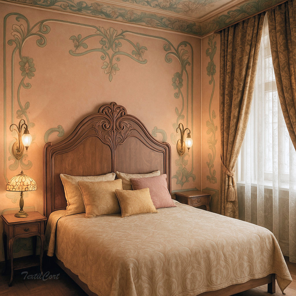 Dormitorio con frescos florales y cortinas Art Nouveau clásicas