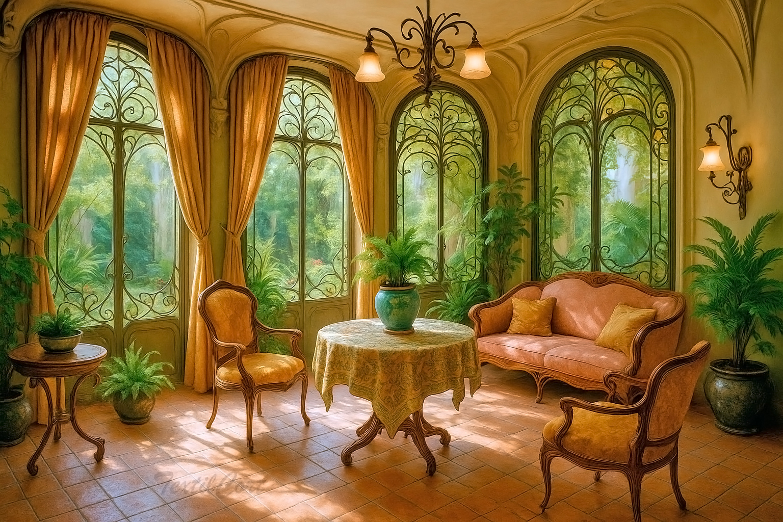 Galería acristalada Art Nouveau con cortinas doradas