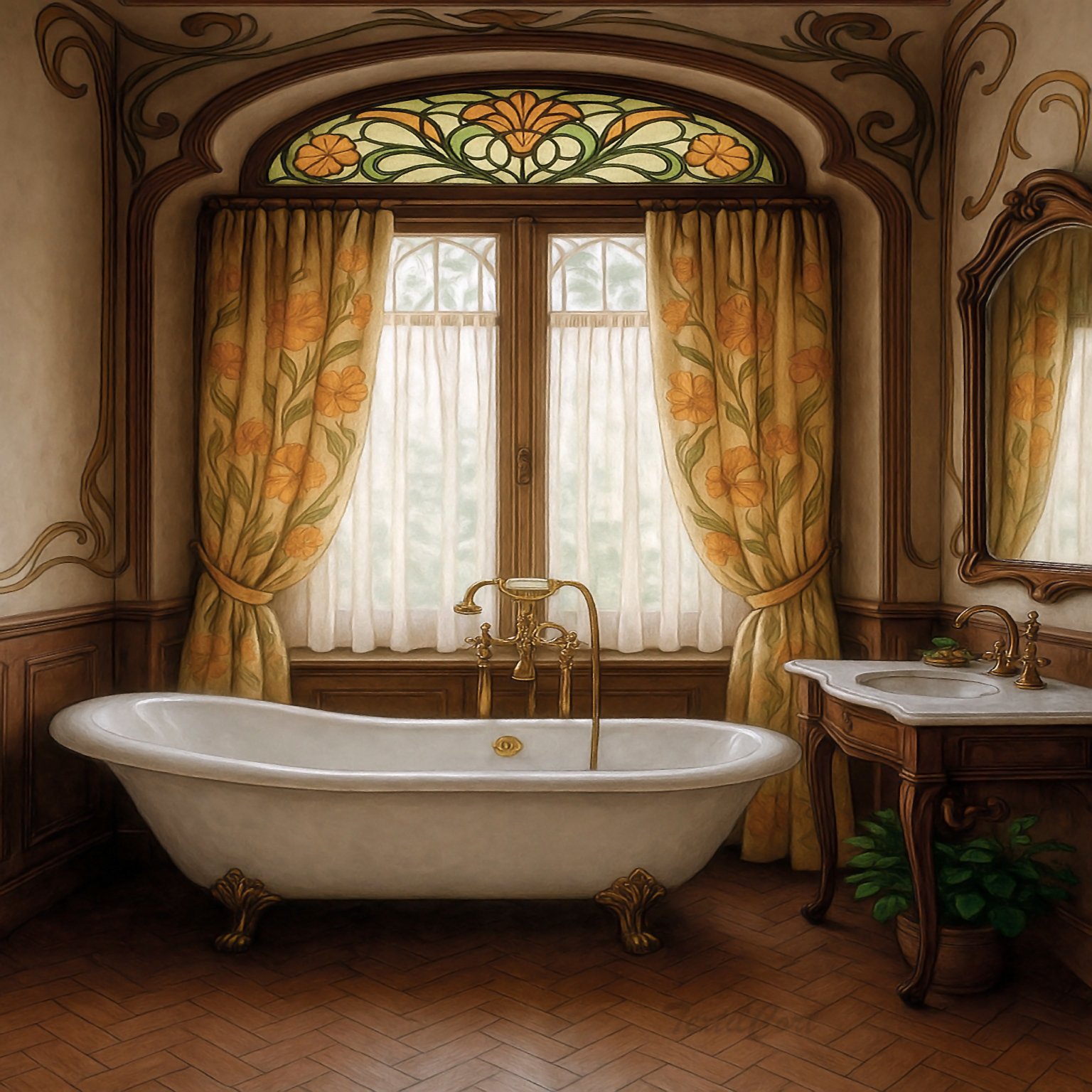 Baño Art Nouveau con cortinas florales y vidrieras