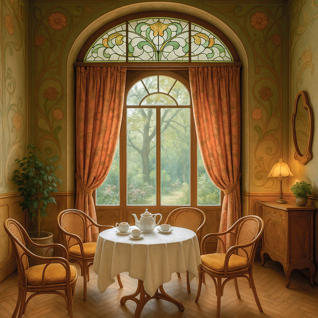 Sala de té Art Nouveau con cortinas decorativas
