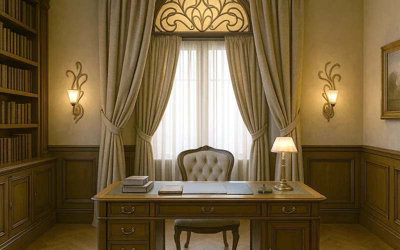Despacho clásico con cortinas Art Nouveau a medida