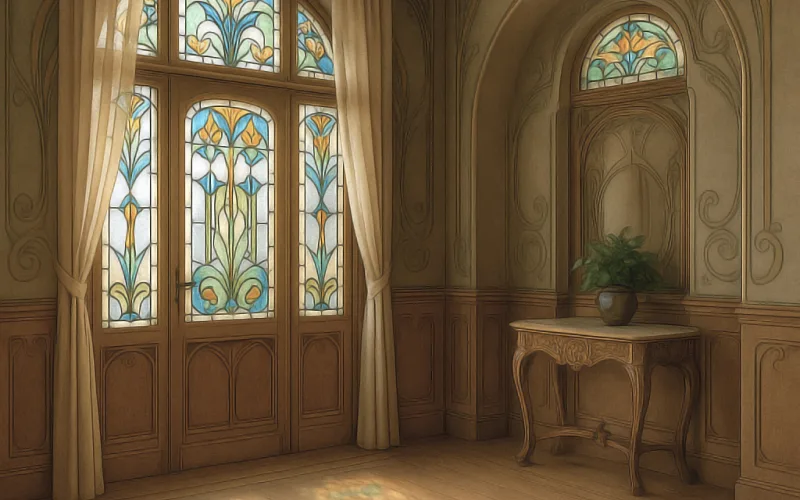 Entrada Art Nouveau con vitrales y cortinas ligeras