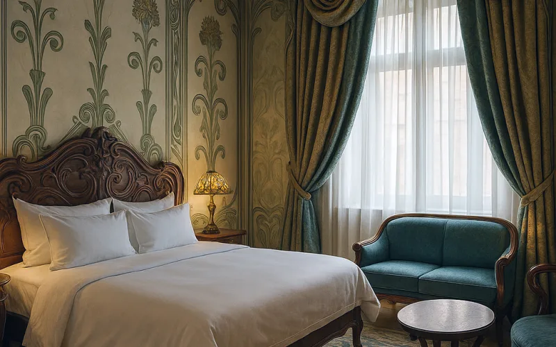 Dormitorio Art Nouveau con cortinas verdes y detalles florales