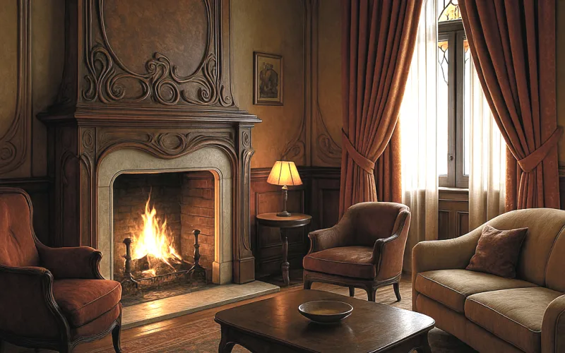 Salón clásico con chimenea y cortinas en tonos teja