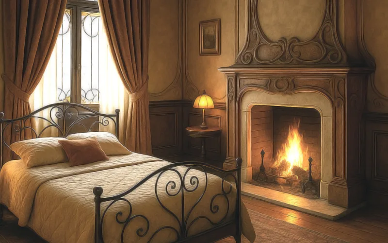 Dormitorio con chimenea y cortinas clásicas de gran caída