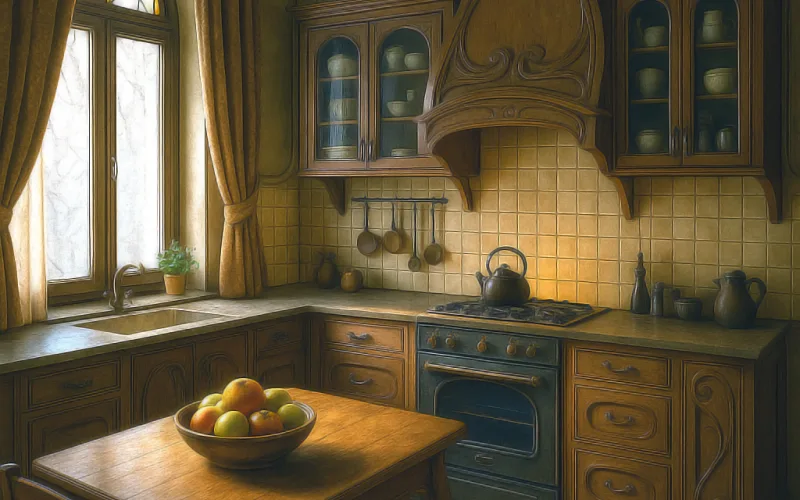 Cocina Art Nouveau con cortinas tradicionales