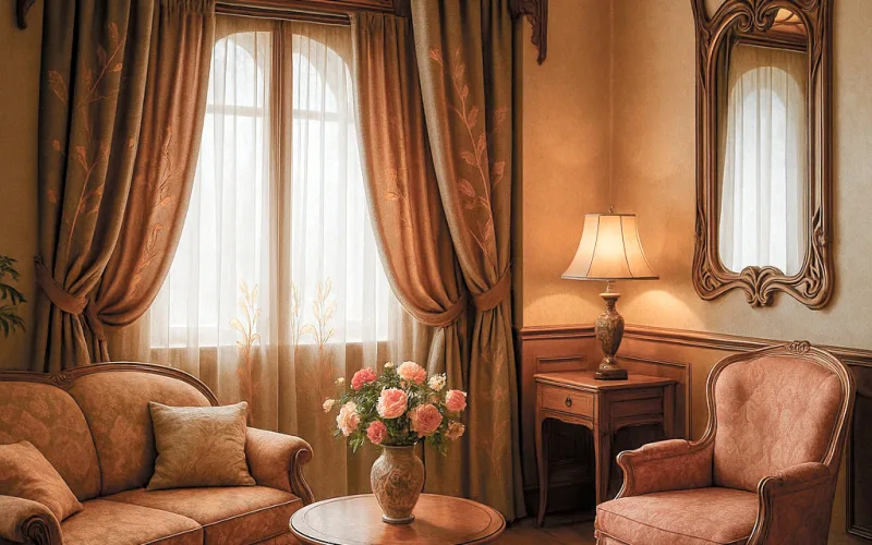 Ambiente cálido con cortinas Art Nouveau en tonos tierra