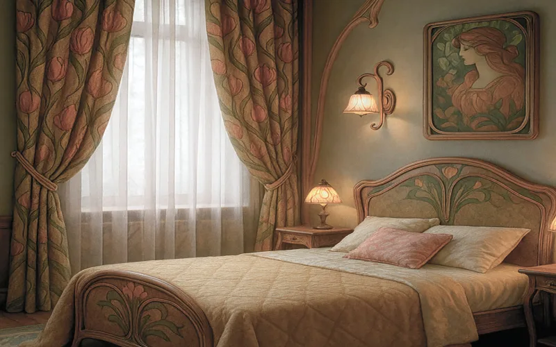 Interior de estilo Art Nouveau con cortinas elegantes, motivos orgánicos y luz suave
