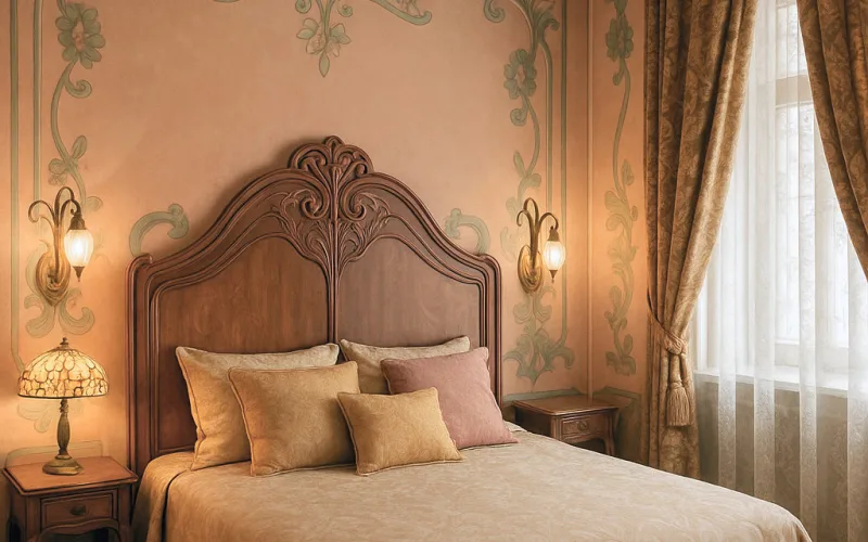Dormitorio con frescos florales y cortinas Art Nouveau clásicas