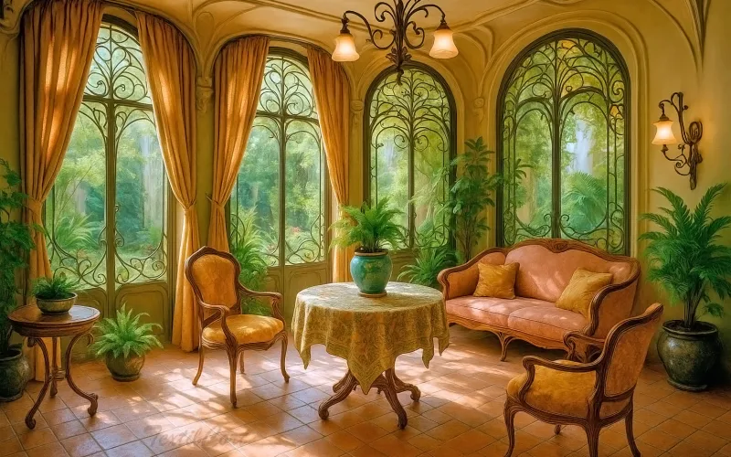 Cortina estilo Art Nouveau en estancia decorativa