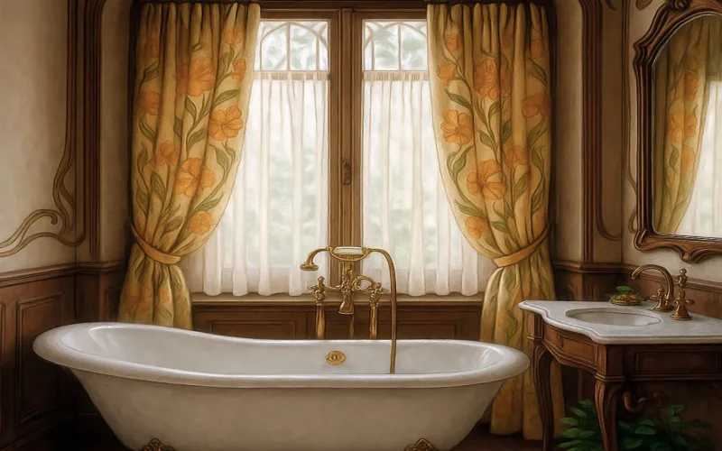 Baño Art Nouveau con cortinas florales y vidrieras