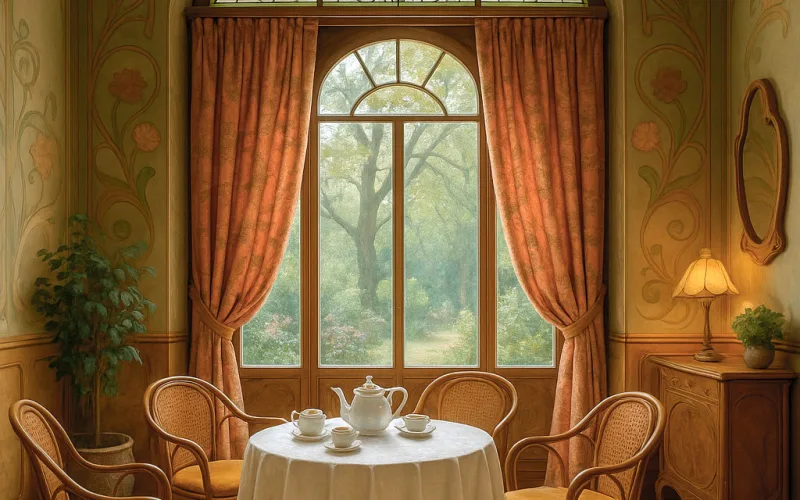 Sala de té Art Nouveau con cortinas decorativas