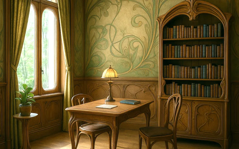 Biblioteca Art Nouveau con cortinas y mobiliario curvo