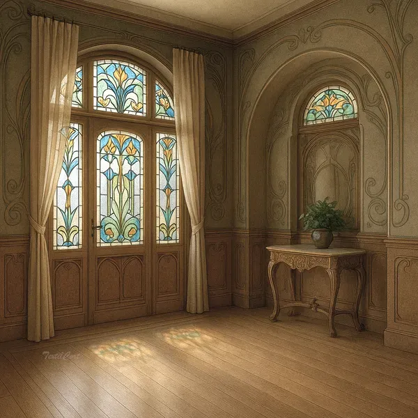 Entrada Art Nouveau con vitrales y cortinas ligeras