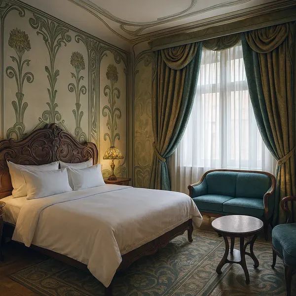 Dormitorio Art Nouveau con cortinas verdes y detalles florales