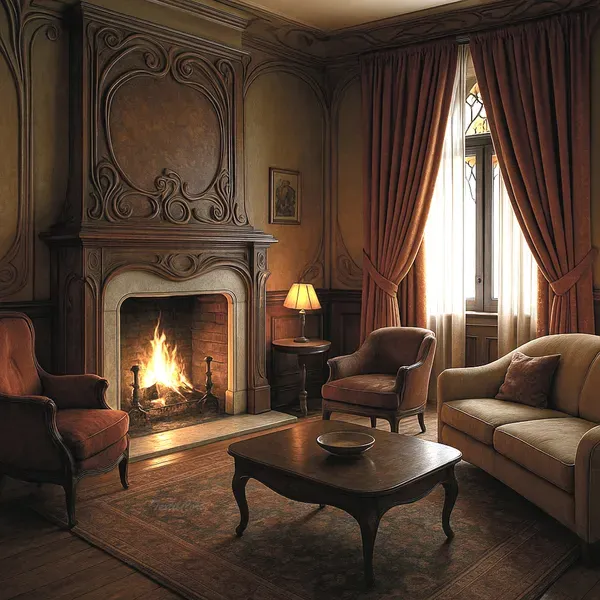 Salón clásico con chimenea y cortinas en tonos teja