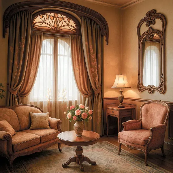 Ambiente cálido con cortinas Art Nouveau en tonos tierra