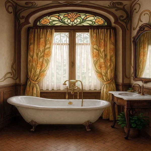 Baño Art Nouveau con cortinas florales y vidrieras