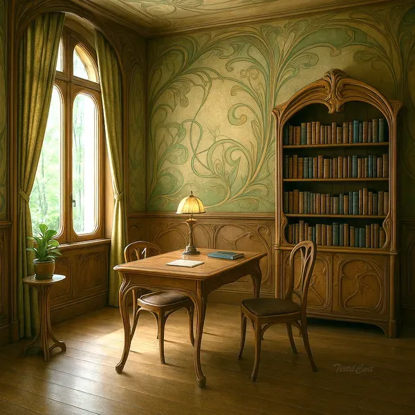 Biblioteca Art Nouveau con cortinas y mobiliario curvo