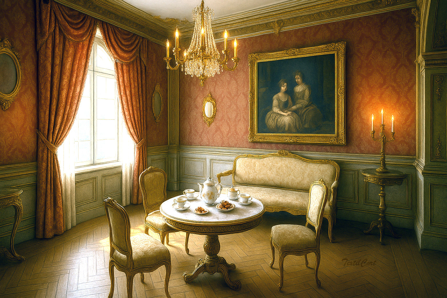 Sala de té barroca con cortinas cobrizas y ambientación clásica