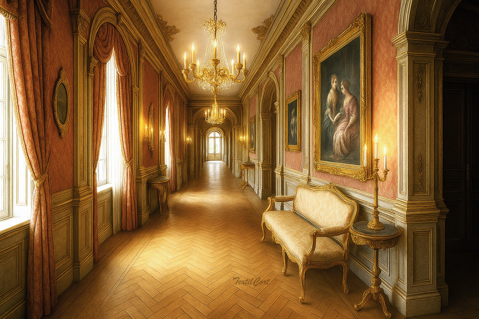 Pasillo barroco de palacio con cortinas clásicas y galería de arte