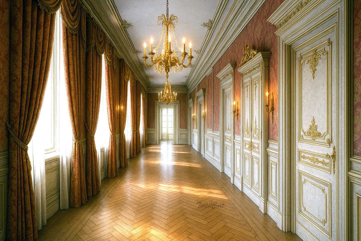 Pasillo palaciego barroco con cortinas clásicas a medida y caída pesada