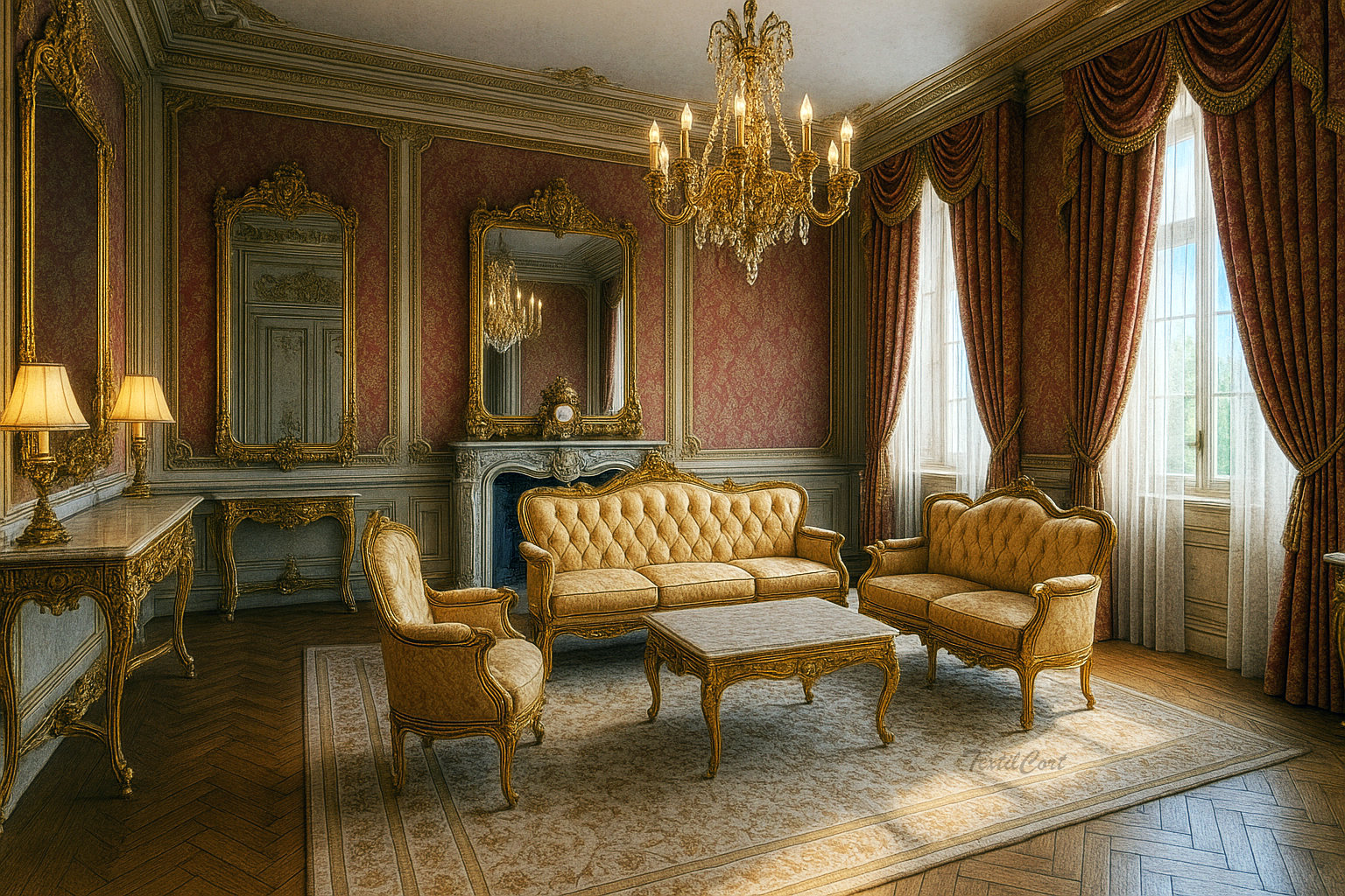 Salón barroco de lujo con cortinas clásicas