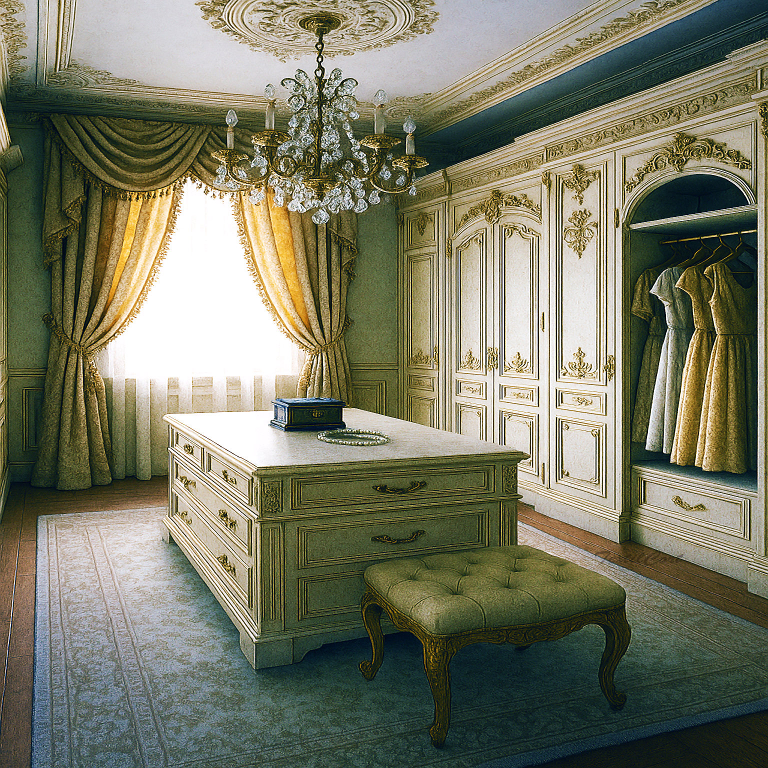 Vestidor barroco con cortinas doradas y armarios palaciegos