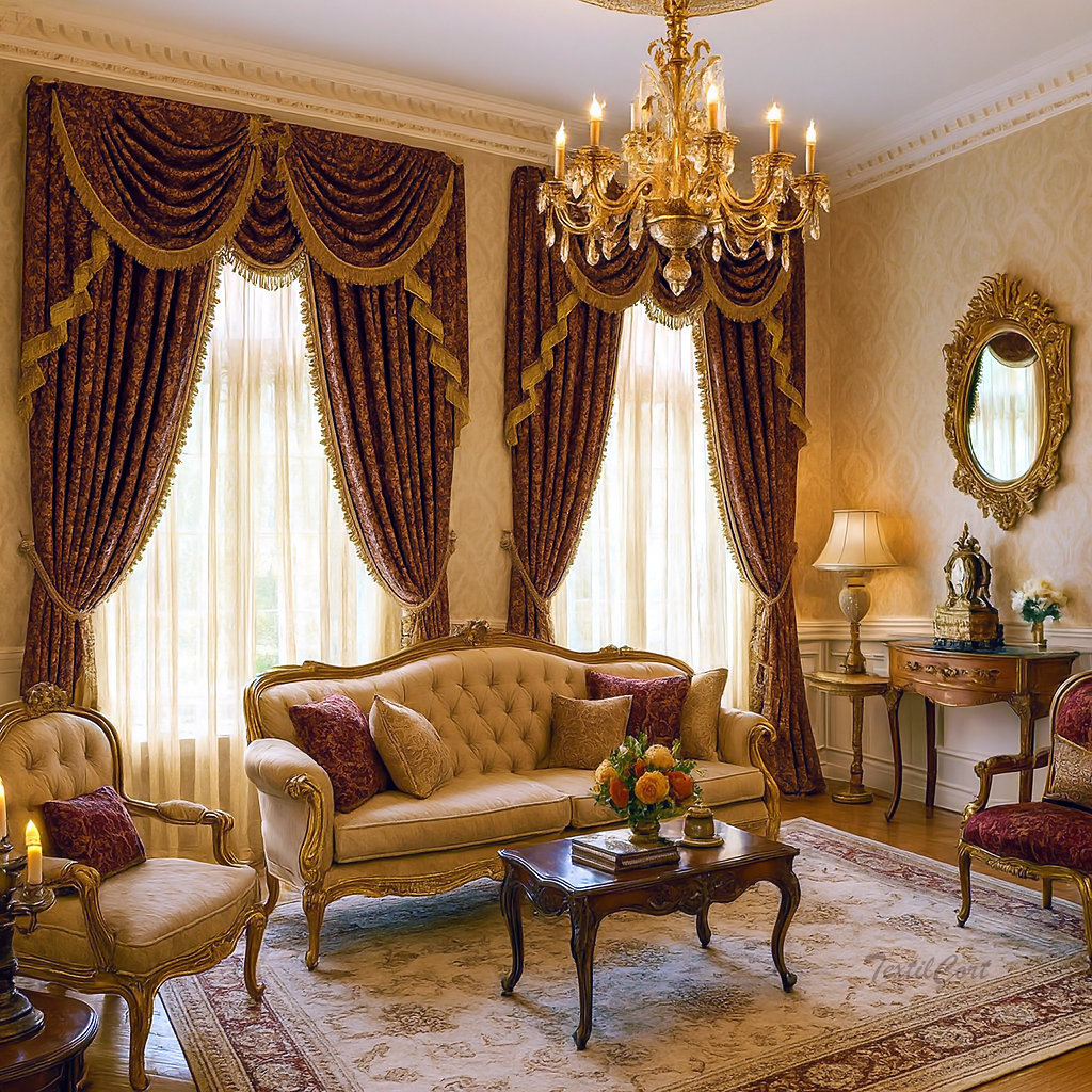 Salón barroco con cortinas de terciopelo burdeos y pasamanería dorada