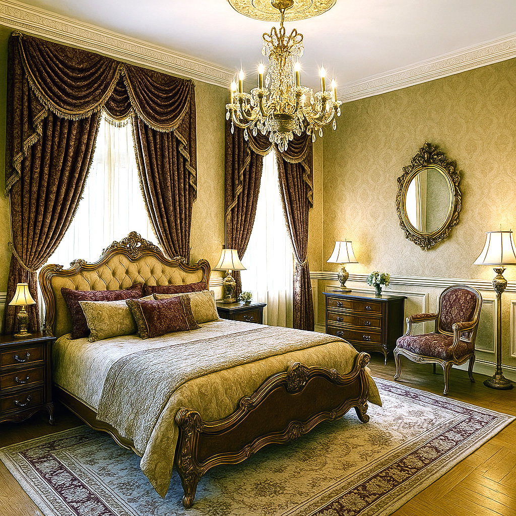 Dormitorio barroco con cortinas de terciopelo oscuro y decoración palaciega