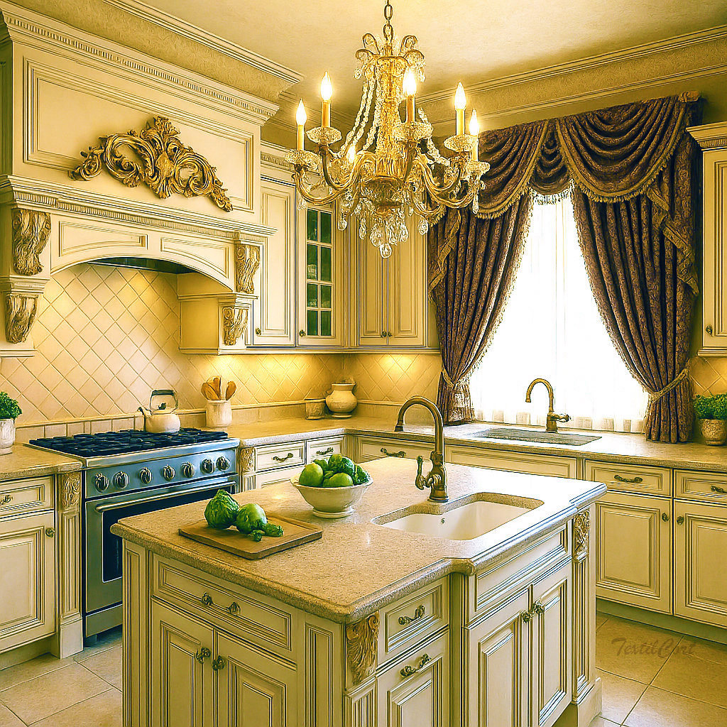 Cocina barroca con cortinas de terciopelo marrón y detalles dorados