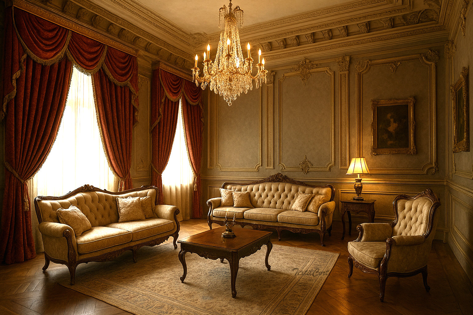 Salón barroco con cortinas de terciopelo rojo y ambiente palaciego de lujo