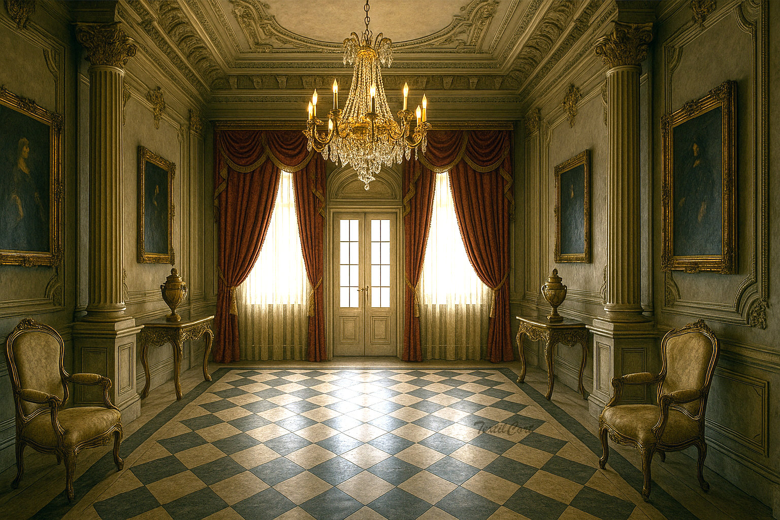 Pasillo palaciego barroco con cortinas rojas y columnas ornamentales