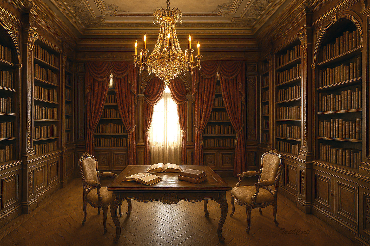 Biblioteca barroca con cortinas rojas y ambiente clásico de madera