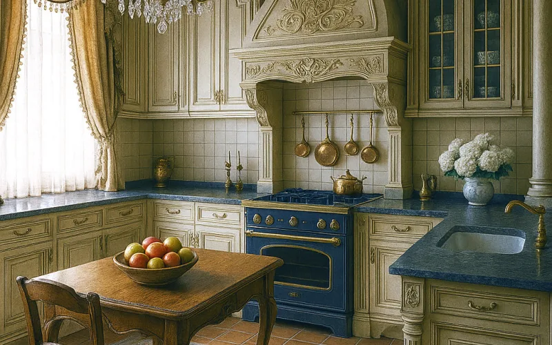 Cocina estilo barroco con cortinas