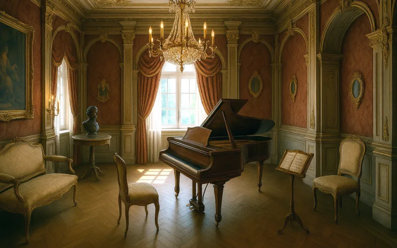 Sala de música barroca con piano de cola y cortinas de terciopelo rojizo