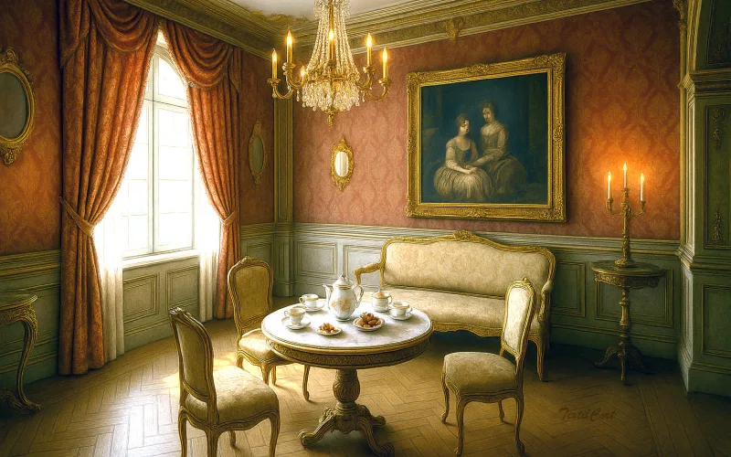 Sala de té barroca con cortinas cobrizas y ambientación clásica