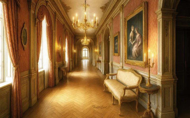 Pasillo barroco de palacio con cortinas clásicas y galería de arte