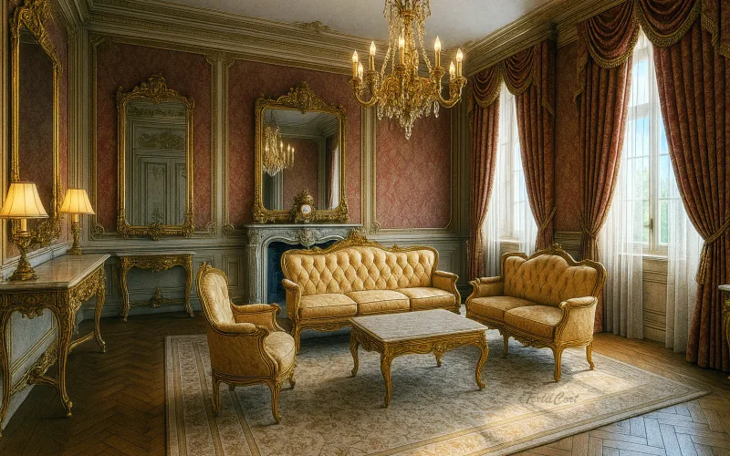 Interior de estilo barroco con cortinas lujosas, terciopelos y decoración palaciega