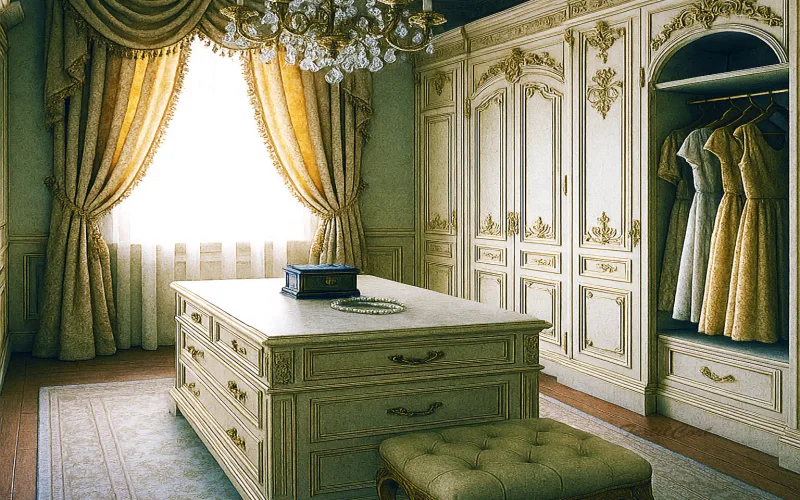 Vestidor barroco con cortinas doradas y armarios palaciegos