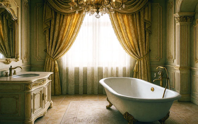 Baño barroco con cortinas doradas y bañera exenta de estilo clásico