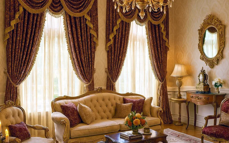 Salón barroco con cortinas de terciopelo burdeos y pasamanería dorada