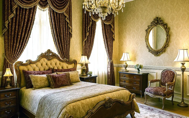 Dormitorio barroco con cortinas de terciopelo oscuro y decoración palaciega