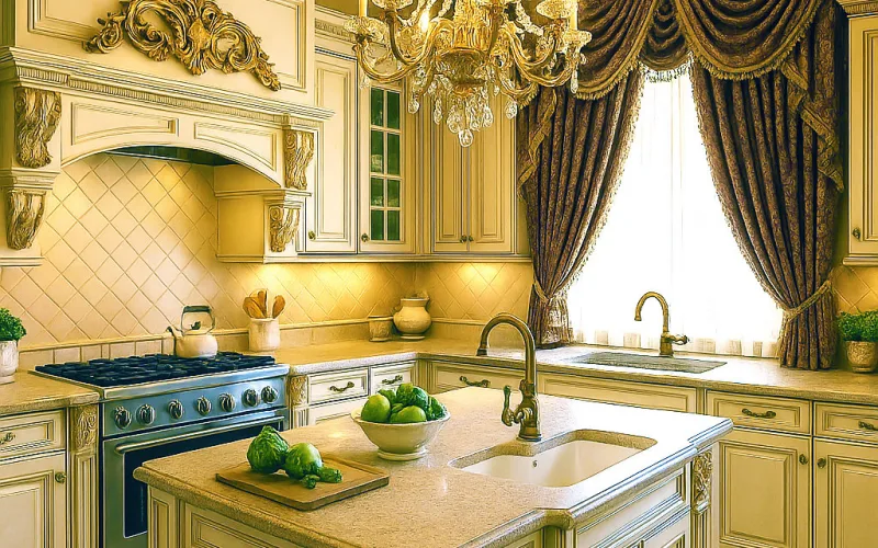 Cocina barroca con cortinas de terciopelo marrón y detalles dorados